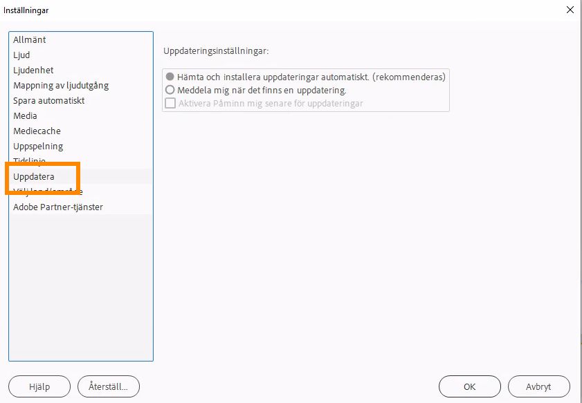 Ange uppdateringsinställningar