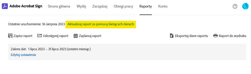 Opcja strony raportu – aktualizuj raport przy użyciu bieżących danych
