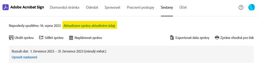 Možnost stránky hlášení – Aktualizovat hlášení aktuálními daty