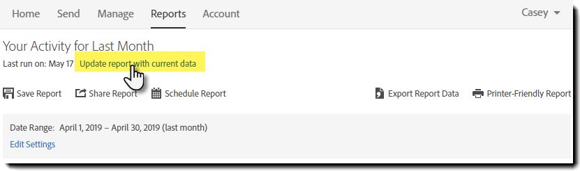 Rapportsidens indstilling – opdater rapport med aktuelle data