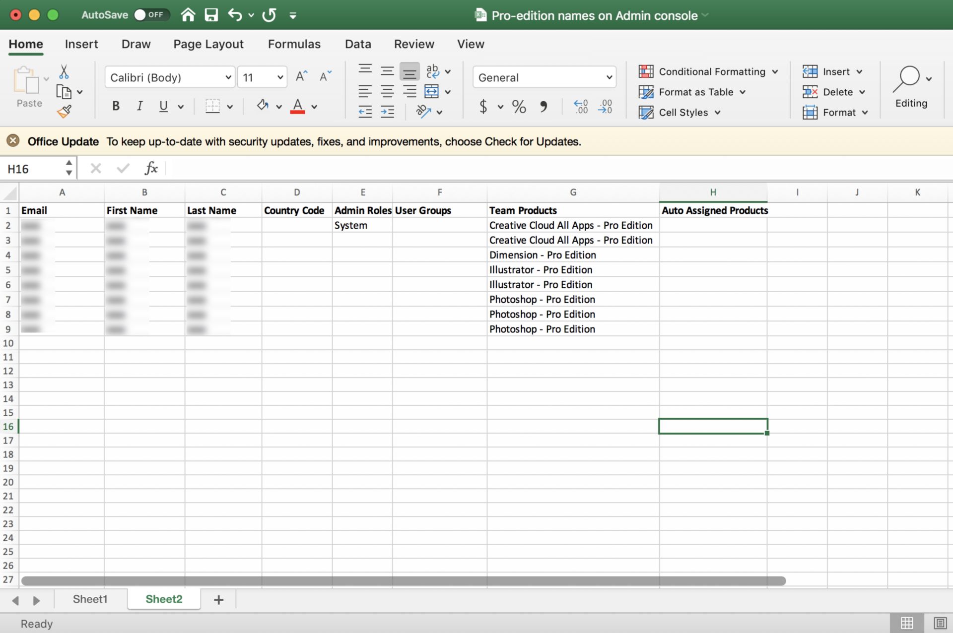 File CSV con autorizzazioni utente aggiornate