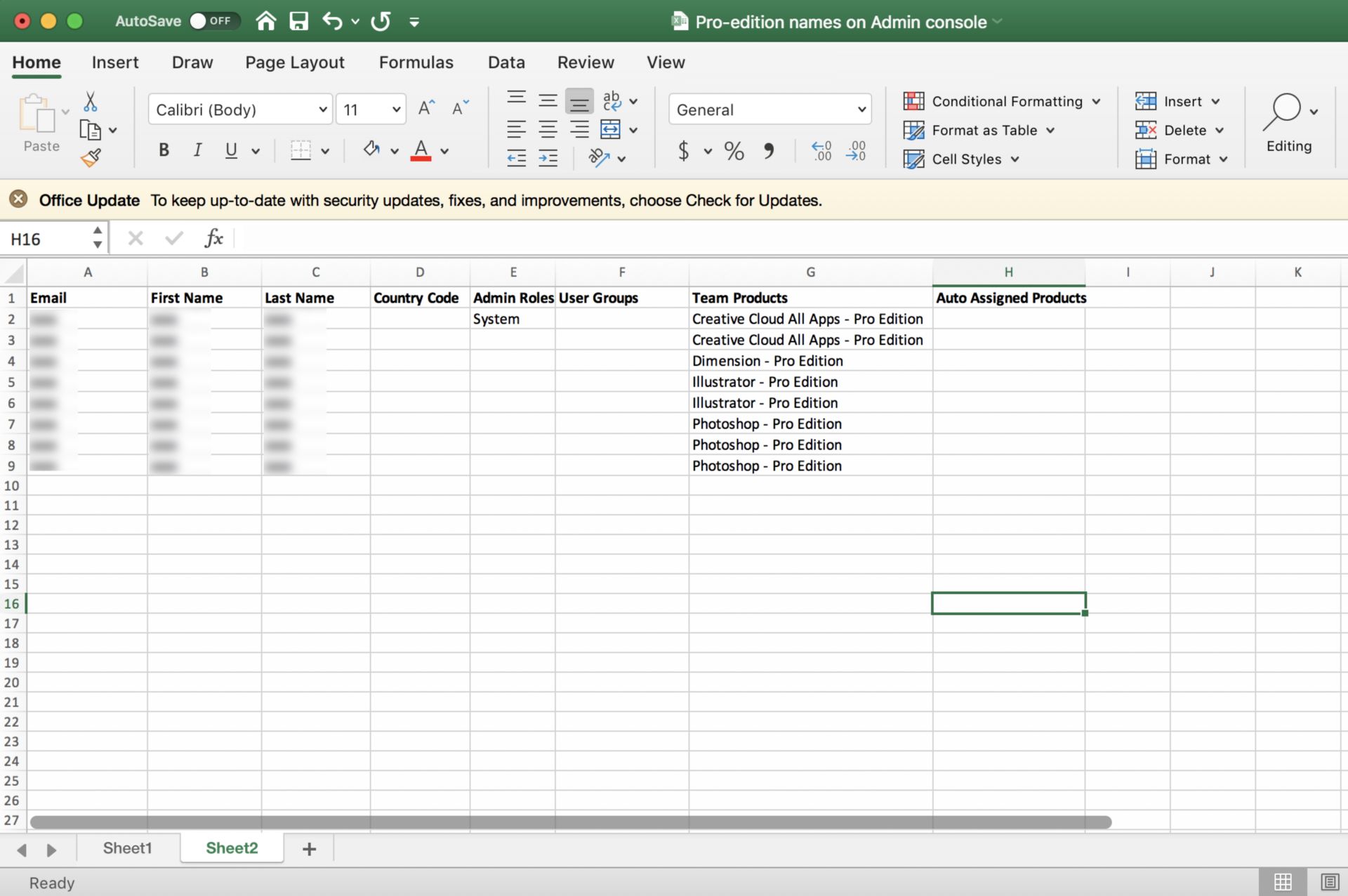 Archivo CSV con derechos de usuarios modificados