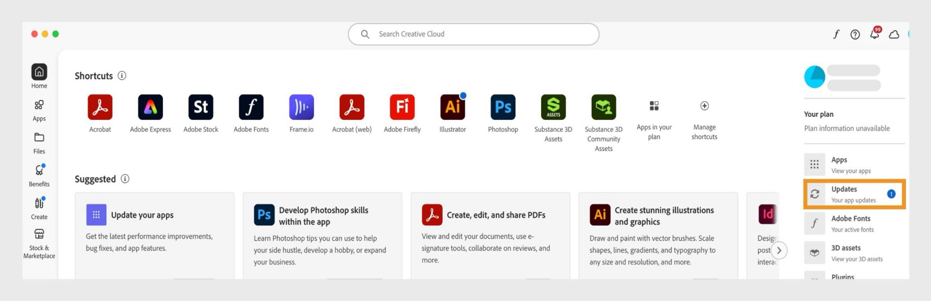 Creative Cloud 桌面应用程序主屏幕在左侧面板上显示 “Stock & Marketplace” 选项卡。 