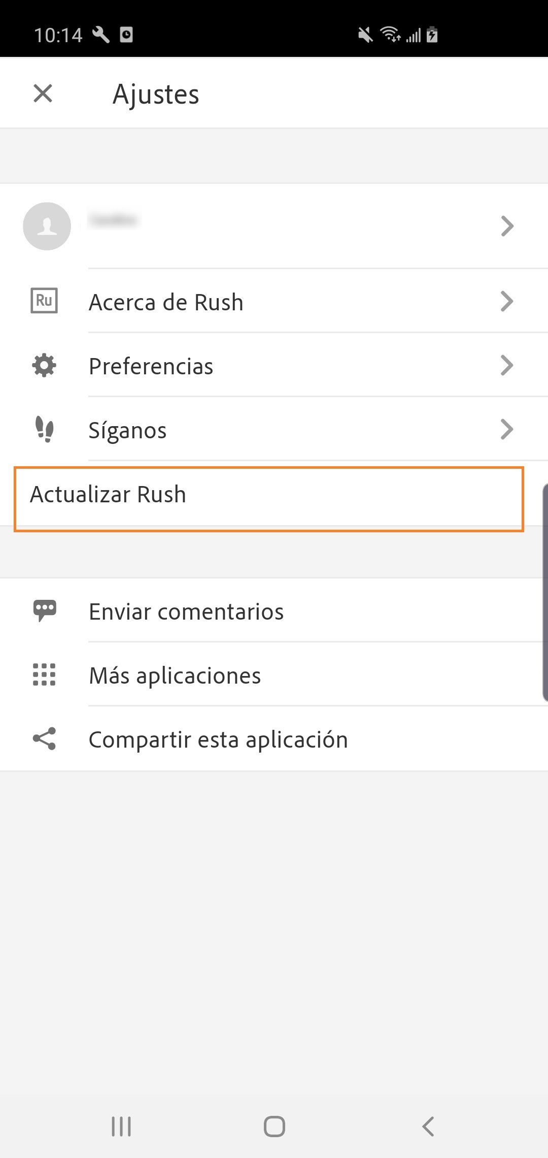 El menú Configuración de la aplicación Premiere Rush