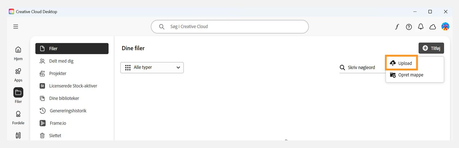 Du kan bruge knappen Tilføj, som findes i øverste højre hjørne under fanen Filer i Creative Cloud-computerappen, til at uploade dine filer.