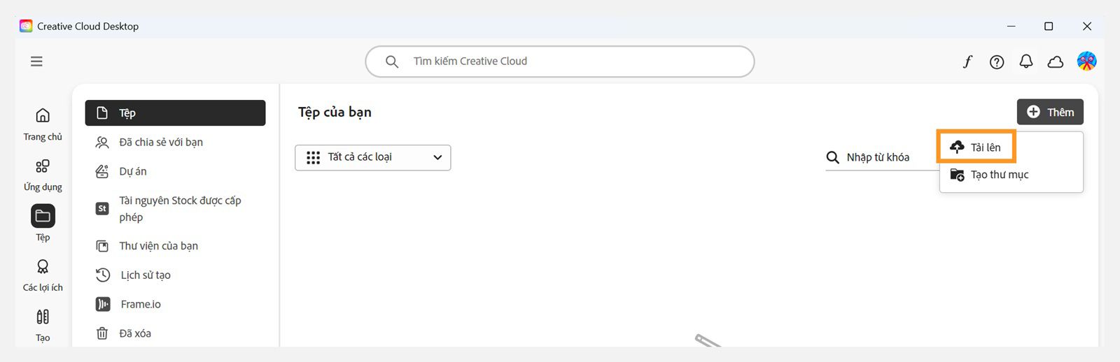 Nút Thêm ở góc trên cùng bên phải của tab Tập tin trong ứng dụng Creative Cloud cho máy tính để bàn cho phép bạn tải tập tin lên.