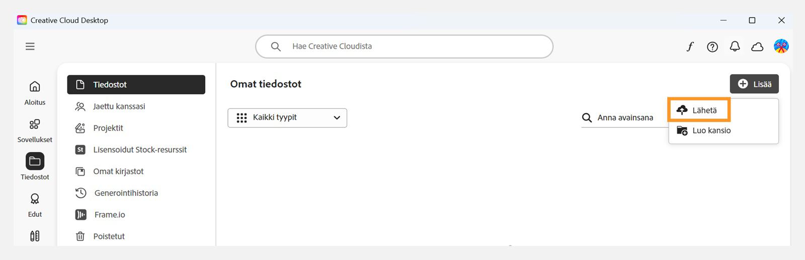 Creative Cloud -tietokonesovelluksen Tiedostot-välilehden oikeassa yläkulmassa olevalla Lisää-painikkeella voit lähettää tiedostosi.