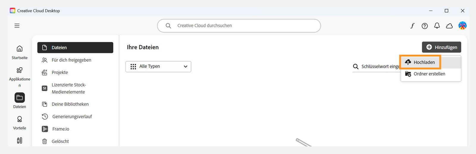 Über die Schaltfläche „Hinzufügen“ in der rechten oberen Ecke der Registerkarte „Dateien“ im Creative Cloud-Client kannst du deine Dateien hochladen.