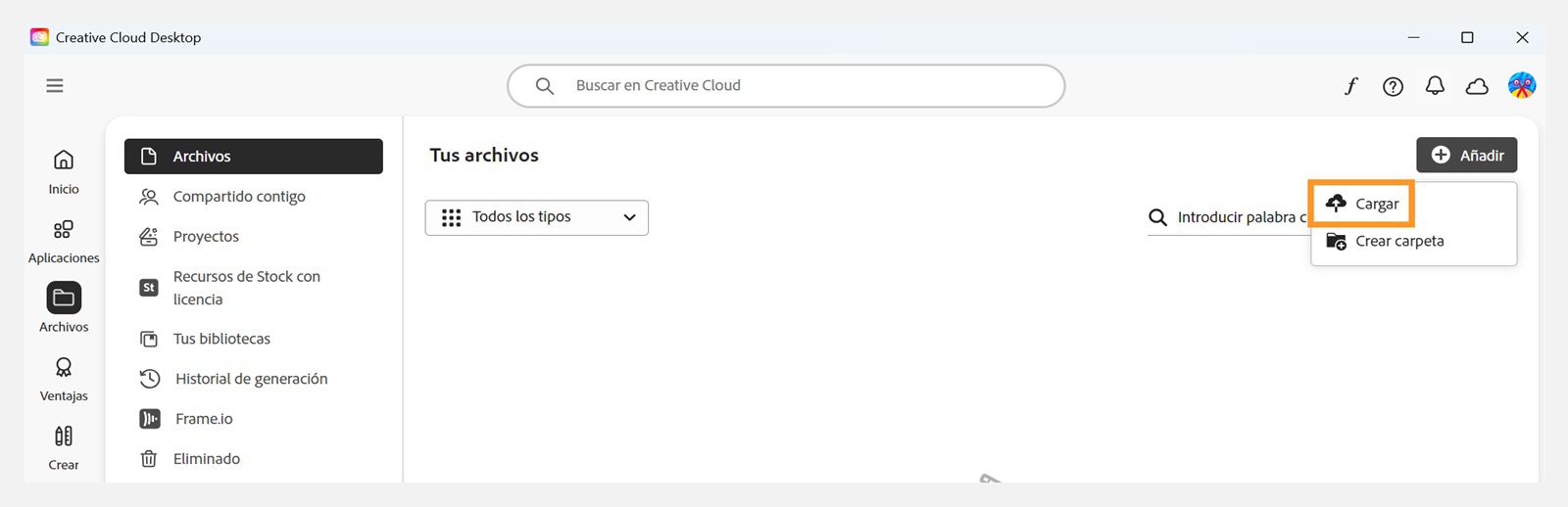 El botón Añadir, disponible en la esquina superior derecha de la pestaña Archivos en la aplicación de Creative Cloud, proporciona la opción de cargar tus archivos.