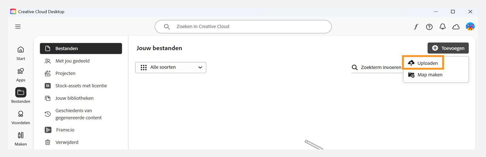 De button Add, beschikbaar in de rechterbovenhoek van het tabblad Files in de Creative Cloud desktop-applicatie, biedt de optie om je bestanden te uploaden.