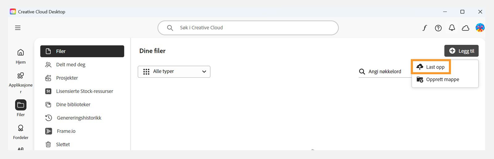 Legg til-knappen, som er tilgjengelig øverst til høyre i Filer-fanen i Creative Cloud-appen, gir deg muligheten til å laste opp filene dine.