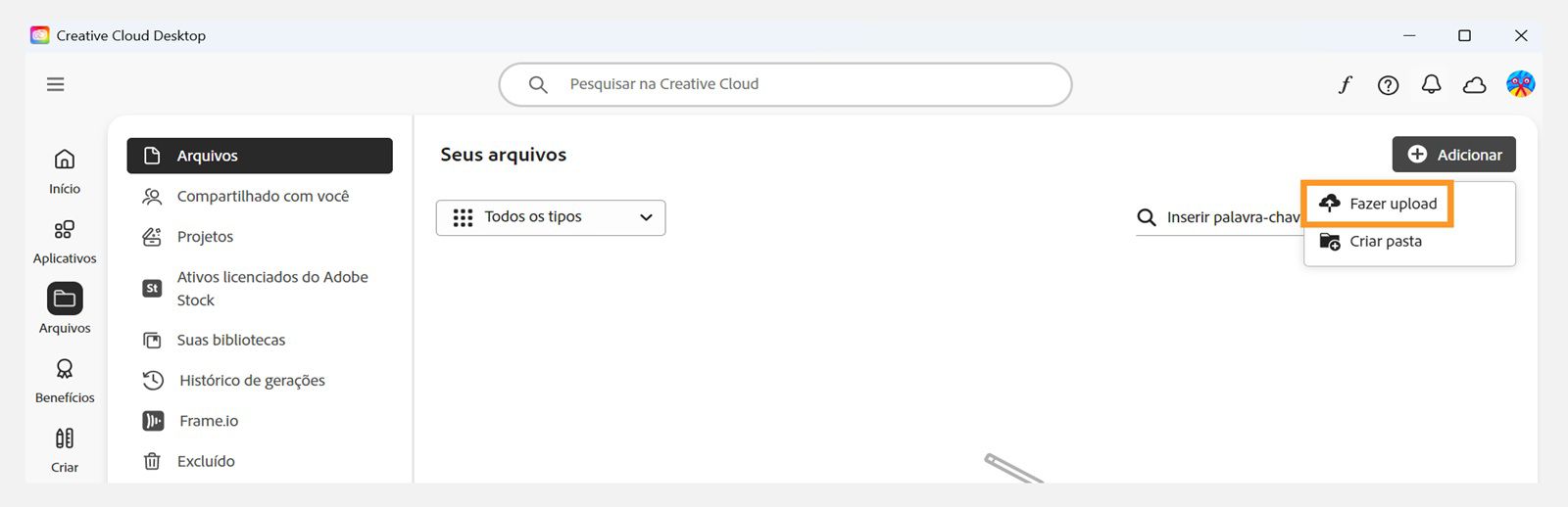 O botão Adicionar, disponível no canto superior direito da guia Arquivos no aplicativo de desktop da Creative Cloud, oferece a opção de fazer upload de arquivos.