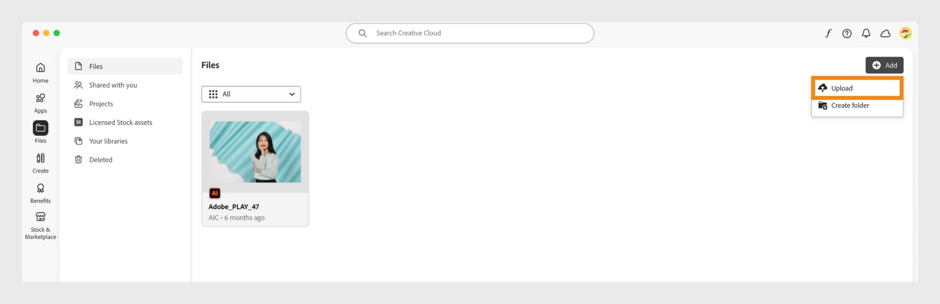 Butonul Adăugare, disponibil în colțul din dreapta sus al filei Fișiere din aplicația desktop Creative Cloud, oferă opțiunea de a încărca fișierele.