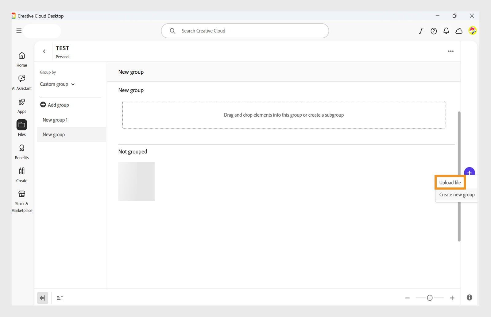 توفر أيقونة الإضافة، التي يظهر في الطرف الأيمن من نافذة المكتبة في تطبيق Creative Cloud للكمبيوتر المكتبي، خيارًا لتحميل ملف مباشرة إلى المكتبة. 