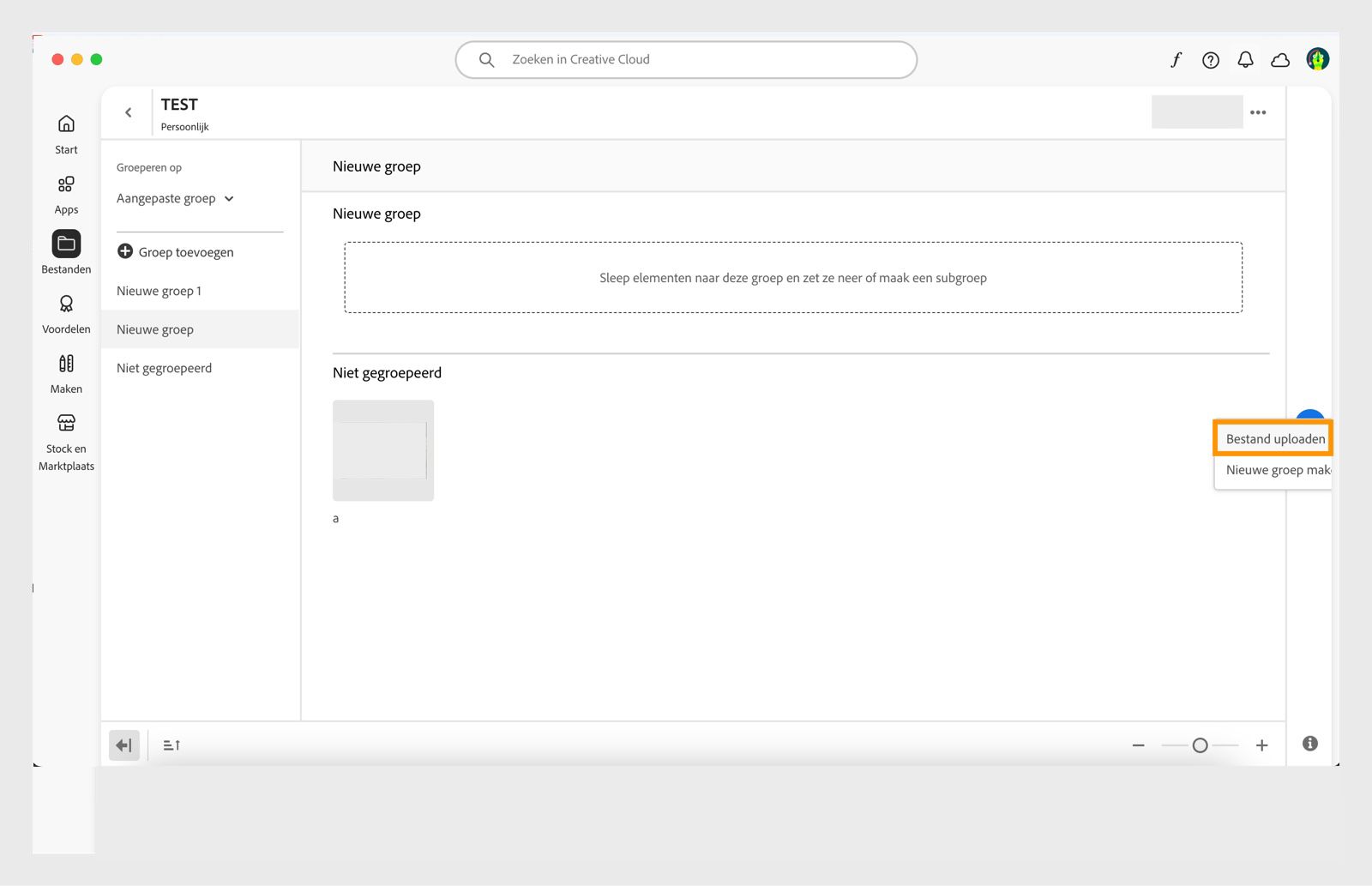 Het pluspictogram, dat aan de rechterkant van het bibliotheekvenster in de Creative Cloud desktop-applicatie verschijnt, biedt de mogelijkheid om een bestand rechtstreeks naar de bibliotheek te uploaden. 