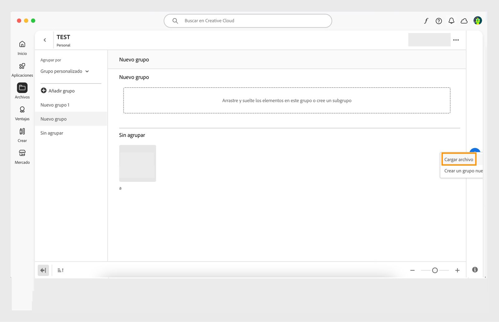 El icono de más, que aparece en el extremo derecho de la ventana de la biblioteca en la aplicación de Creative Cloud, ofrece la opción de cargar un archivo directamente a la biblioteca. 