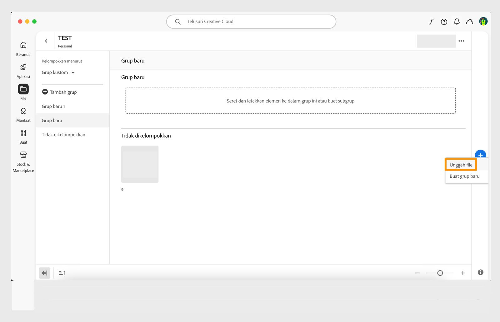 Ikon plus, yang muncul di ujung kanan jendela pustaka di aplikasi desktop Creative Cloud, menyediakan opsi untuk mengunggah file langsung ke pustaka. 