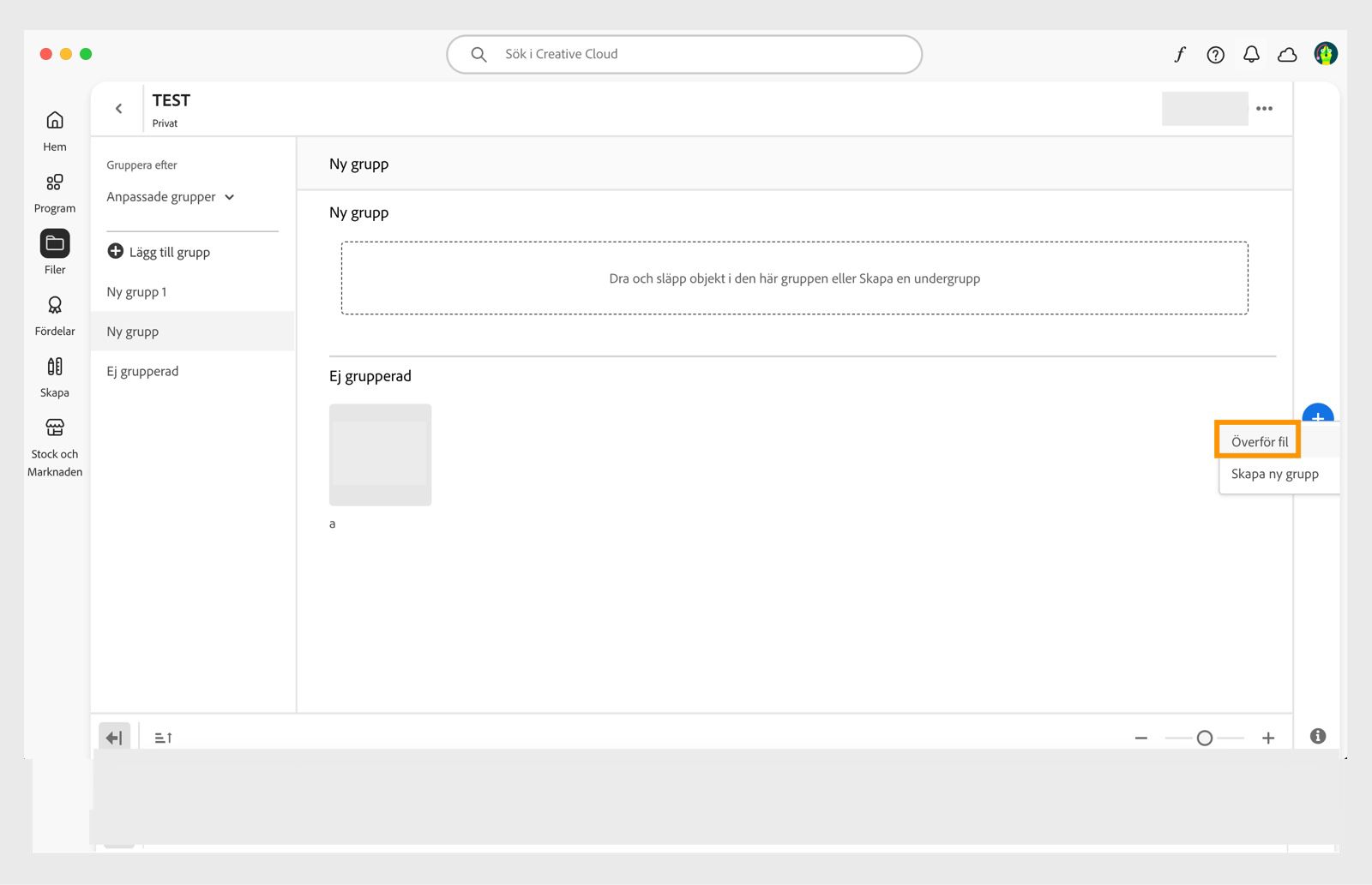 Plusikonen, som visas i högra änden av biblioteksfönstret i Creative Cloud-programmet, ger möjlighet att ladda upp en resurs direkt till biblioteket. 
