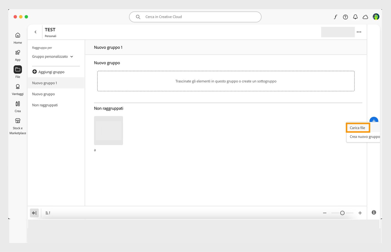 L'icona più, che appare all'estremità destra della finestra della libreria nell'app Creative Cloud, offre l'opzione di caricare un file direttamente nella libreria. 