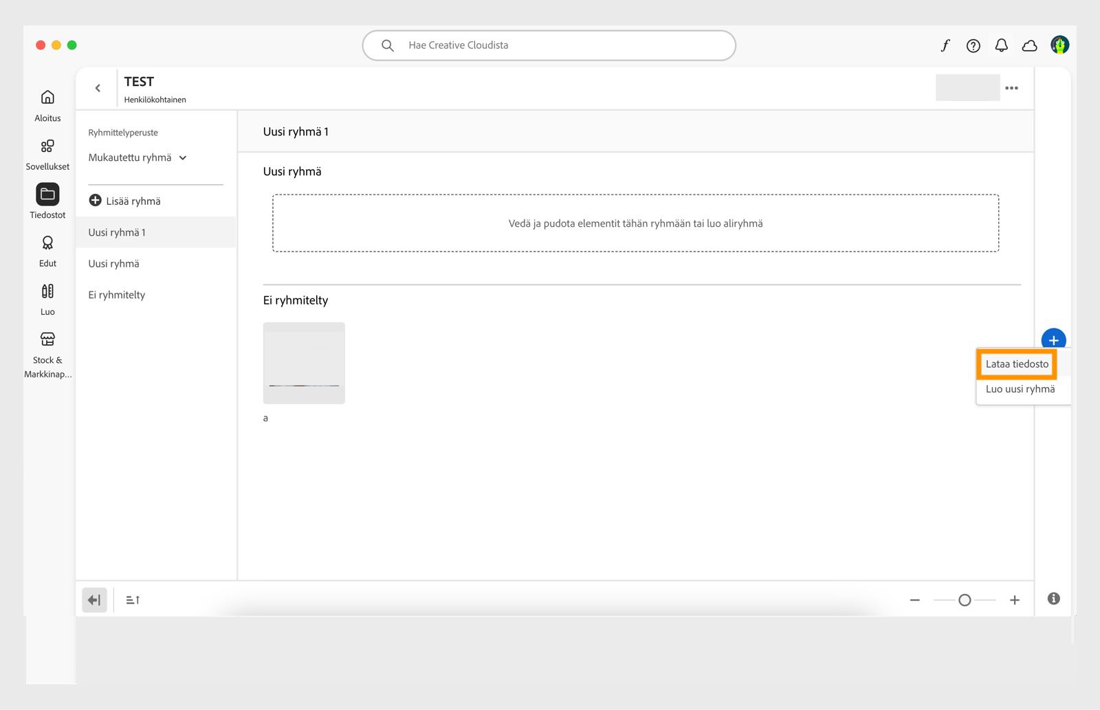 Creative Cloud -tietokonesovelluksen kirjastoikkunan oikeaan reunaan ilmestyvä pluskuvake tarjoaa vaihtoehdon tiedoston lähettämiseen suoraan kirjastoon. 