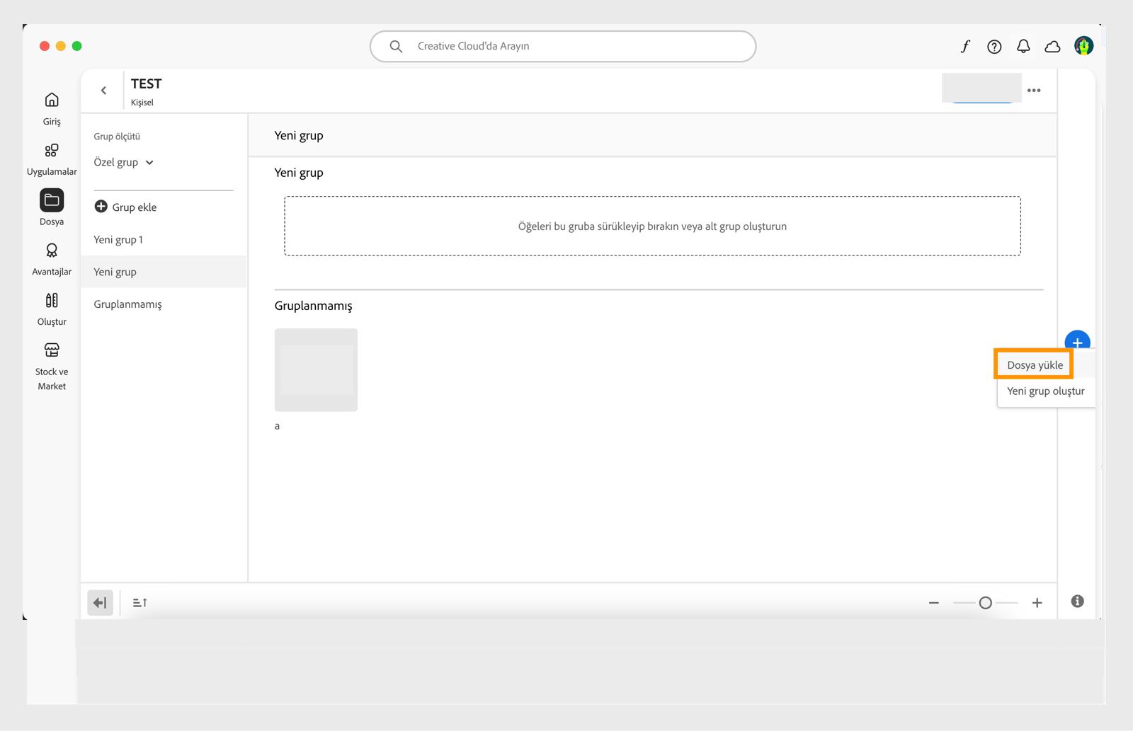 Creative Cloud masaüstü uygulamasındaki kitaplık penceresinin sağ ucunda görünen artı simgesi, bir dosyayı doğrudan kitaplığa yükleme seçeneği sunar. 