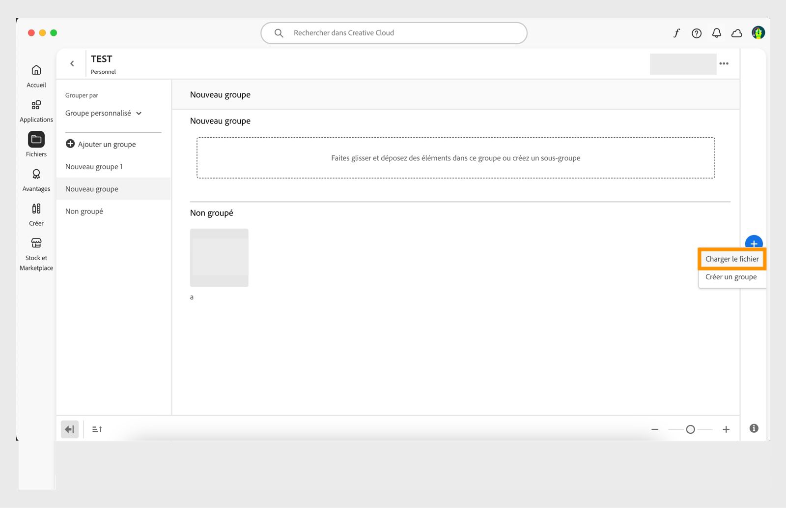 L'icône plus, qui apparaît à l'extrémité droite de la fenêtre de la bibliothèque dans l'application Creative Cloud, offre la possibilité de charger un fichier directement dans la bibliothèque. 