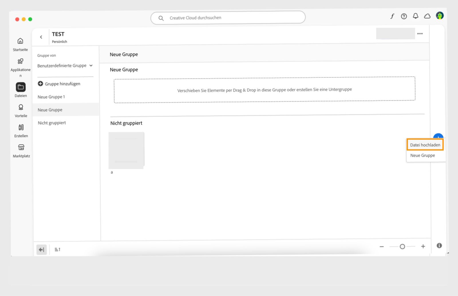 Das Plus-Symbol wird rechts im Bibliotheksfenster im Creative Cloud-Client angezeigt. Über dieses Symbol kannst du eine Datei direkt in die Bibliothek hochladen. 