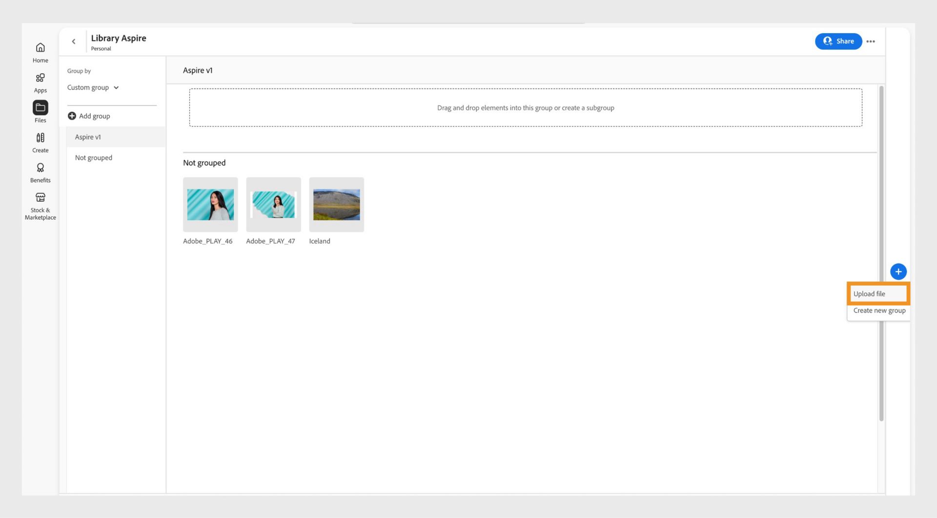 ไอคอนบวกที่ปรากฏที่ด้านขวาสุดของหน้าต่างไลบรารีในแอป Creative Cloud บนเดสก์ท็อปมีตัวเลือกในการอัปโหลดไฟล์ไปยังไลบรารีโดยตรง 