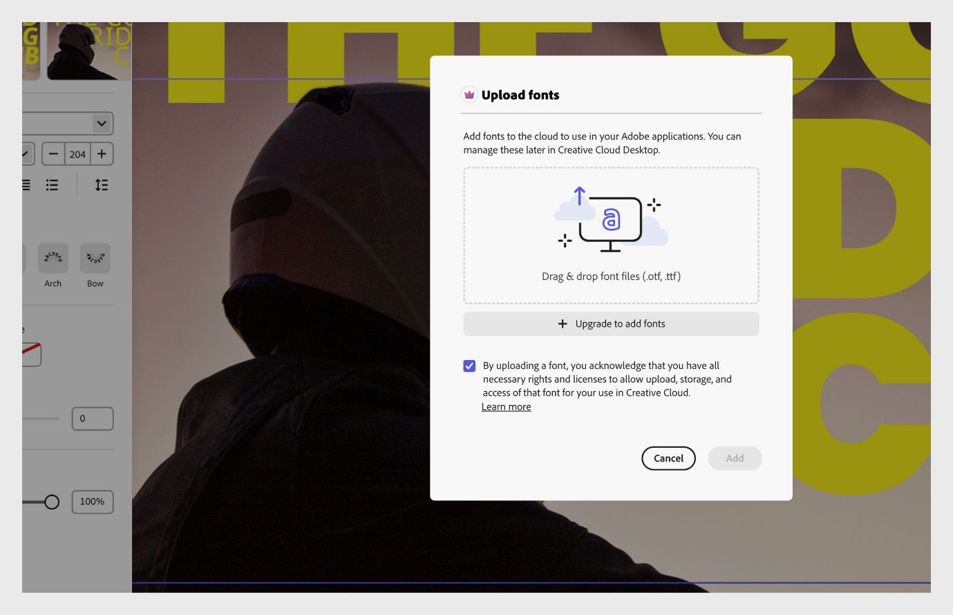 Et billede af en person iført hjelm, der vises på lærredet. Vinduet Upload skrifttyper med muligheden for at trække og slippe en skrifttype fra enheden eller annullere.||upload-fonts-express-1