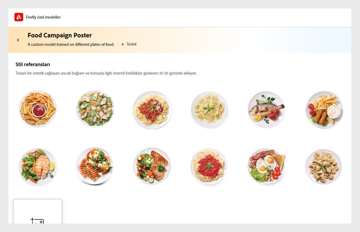 Yemek Kampanyası Posteri adı verilen Özel model açıktır ve makarna, salata, çorba ve yüklenen diğer yemekler dahil olmak üzere çeşitli yemeklerin on farklı fotoğrafını içermektedir.