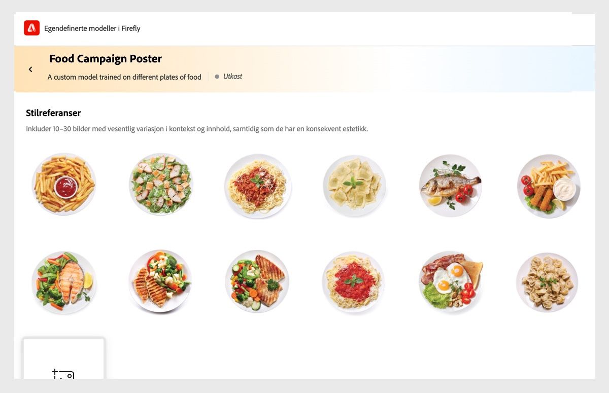 En egendefinert modell kalt Plakat for matkampanje er åpen, og ti forskjellige bilder av ulike retter, inkludert pasta, salater, supper og andre måltider, er lastet opp.