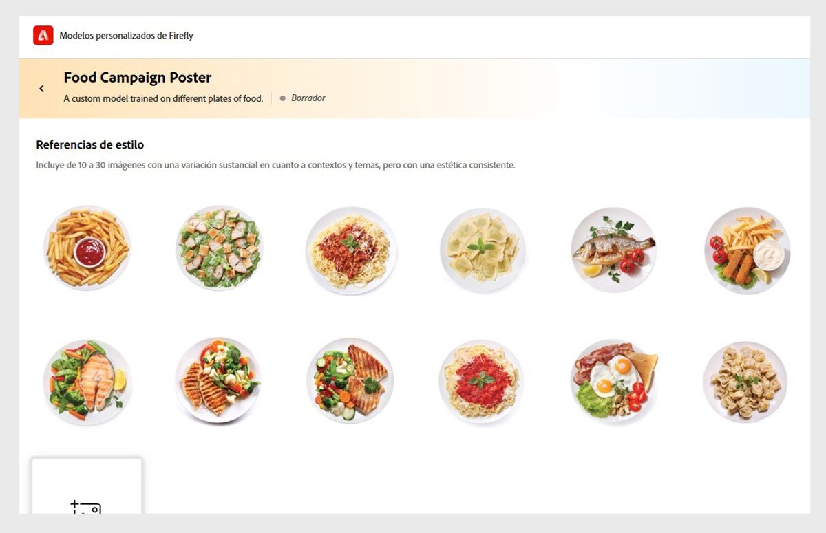Un modelo personalizado llamado Cartel de la campaña culinaria está abierto y hay diez fotos diferentes de varios platos, incluidas pasta, ensaladas, sopas y otras comidas cargadas.
