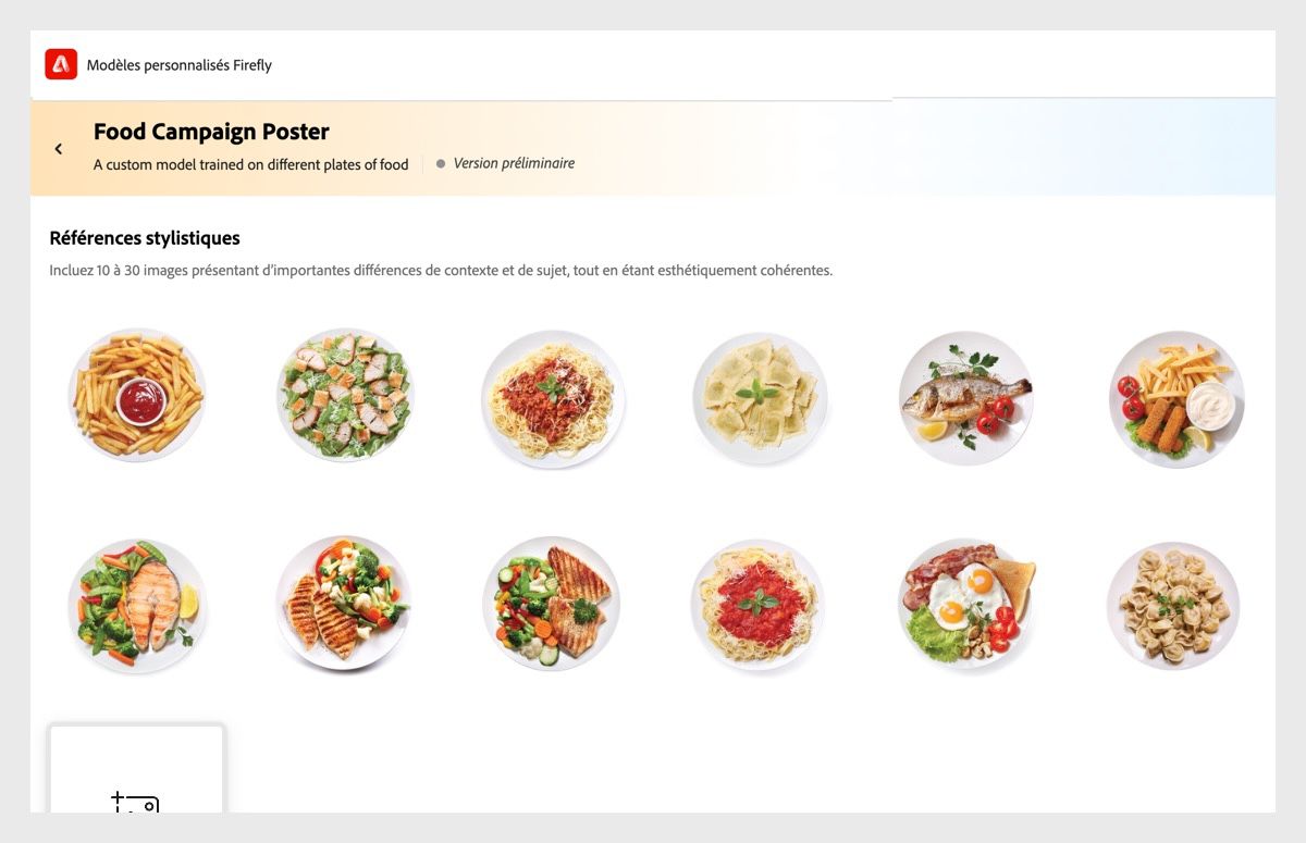 Un modèle personnalisé appelé Food Campaign Poster (Affiche de campagne alimentaire) est ouvert. Il comporte dix photographies différentes de plats variés, dont des pâtes, des salades et des soupes, qui ont été chargées.
