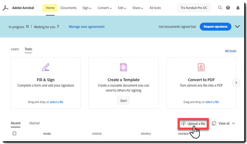 Caricare un file dalla pagina Home
