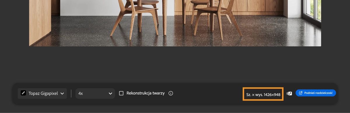 Na ekranie narzędzia podnoszenia rozdzielczości Firefly wyświetlane są wybór modelu, opcje skali, przełącznik rekonstrukcji twarzy oraz spodziewane wymiary obrazu.