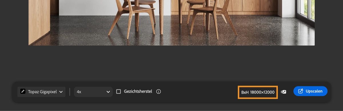 Firefly Upscaler-scherm toont modelselectie, schaalopties, schakelaar voor gezichtsherstel en verwachte afbeeldingsafmetingen.