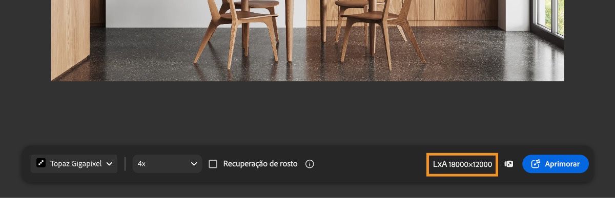 A tela do Firefly Aprimorador exibe a seleção do modelo, as opções de escala, o botão para ativar ou desativar a recuperação de faces e as dimensões previstas da imagem.