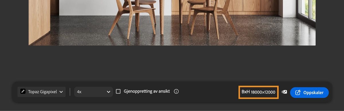 Skjermbildet for Firefly Upscaler viser modellvalg, skaleringsalternativer, veksleknapp for gjenoppretting av ansikt og forventede bildedimensjoner.