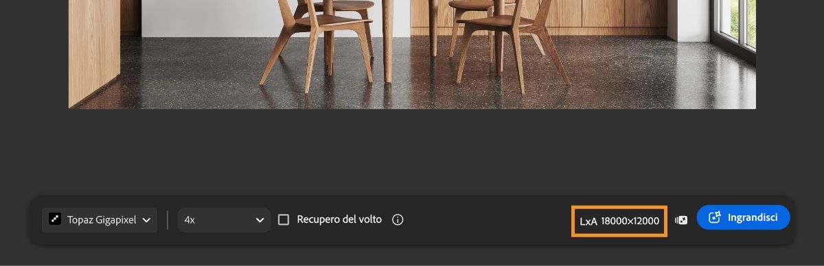 La schermata Firefly Upscaler visualizza la selezione del modello, le opzioni di scala, il pulsante di attivazione/disattivazione del recupero volto e le dimensioni previste dell'immagine.