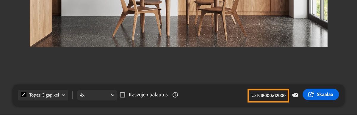 Firefly Upscaler -näyttö sisältää mallin valinnan, mittakaava-asetukset, kasvojen palautuksen kytkimen ja odotetut kuvan mitat.