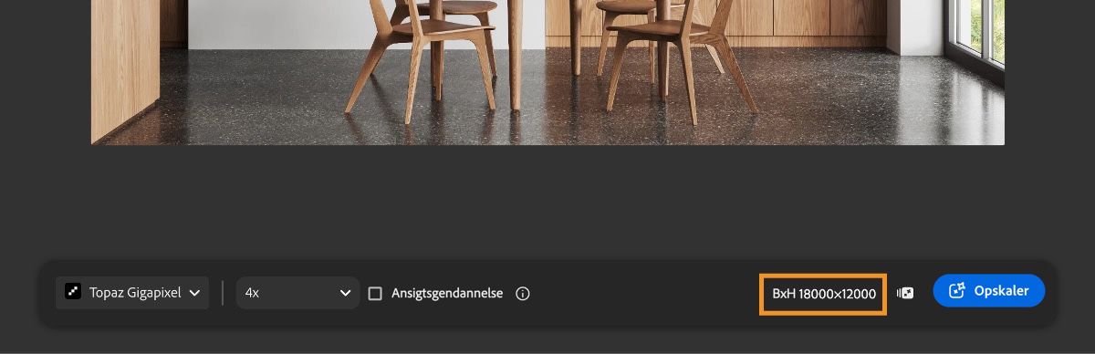 Firefly Upscaler-skærmen viser modelvalg, skaleringsindstillinger, ansigtsgendannelse til/fra og forventede billeddimensioner.