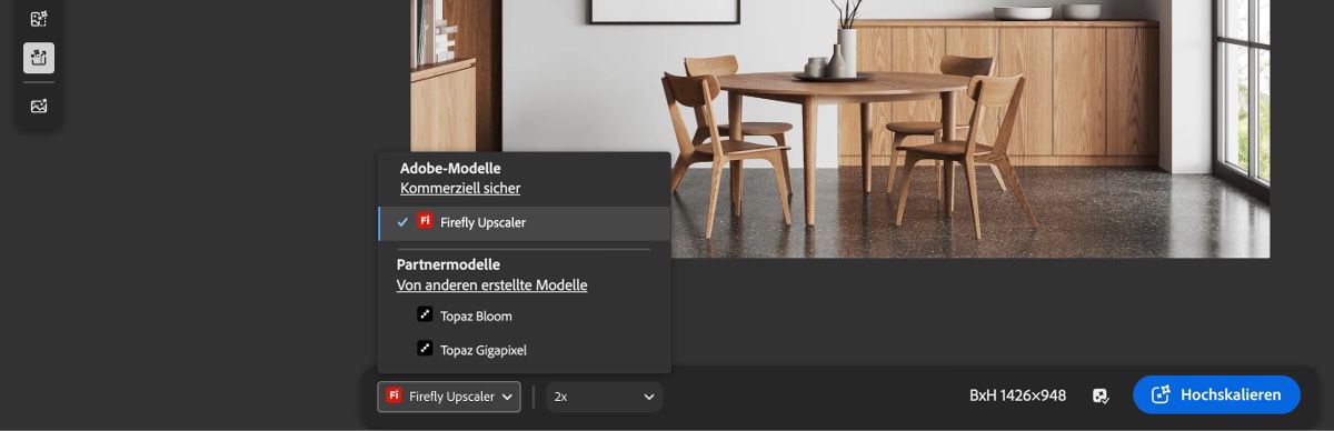 Der Bearbeitungsbildschirm in Firefly zeigt eine Symbolleiste auf der linken Seite mit mehreren Symbolen, die die verfügbaren Schnellbearbeitungsfunktionen darstellen.