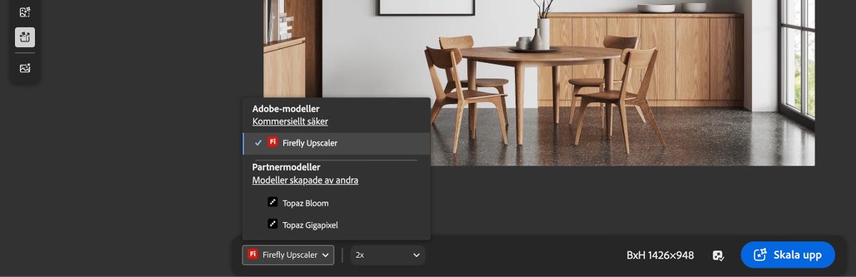 Redigeringsskärmen i Firefly visar ett verktygsfält på vänster sida med flera ikoner som anger de snabbredigeringsfunktioner som finns tillgängliga.