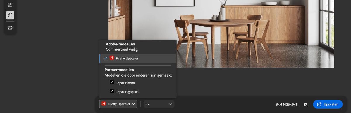 Het bewerkingsscherm in Firefly toont een werkbalk aan de linkerkant met verschillende pictogrammen die de beschikbare snelbewerkingsfuncties aangeven.
