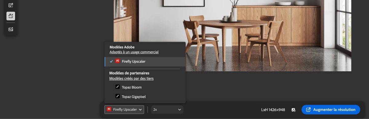 L’écran Modifier de Firefly affiche une barre d’outils sur le côté gauche avec plusieurs icônes indiquant les fonctions de modification rapide disponibles.