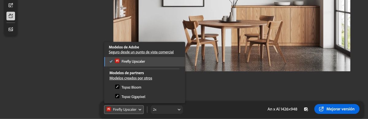 La pantalla Editar en Firefly muestra una barra de herramientas en el lado izquierdo con varios iconos que indican las funciones de edición rápida disponibles.