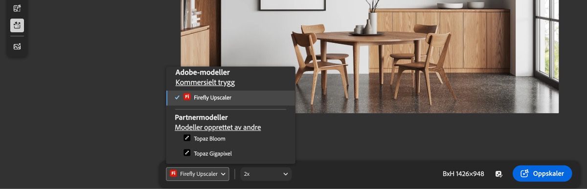 Skjermbildet Rediger i Firefly viser en verktøylinje på venstre side med flere ikoner som angir de tilgjengelige hurtigredigeringsfunksjonene.