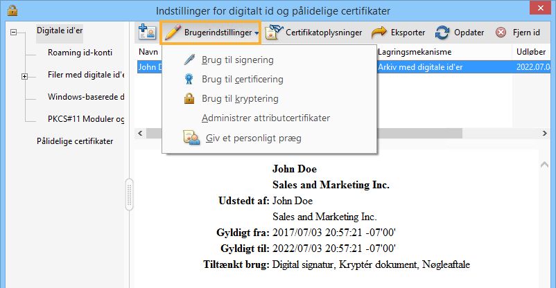 Vælg de indstillinger, du som standard vil bruge til det digitale id