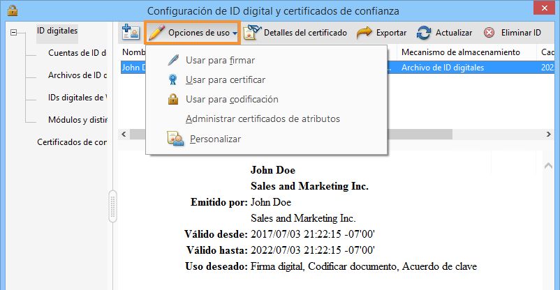 Seleccione las opciones para las que quiere que el ID digital se use como predeterminado