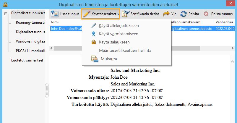 Valitse vaihtoehdot, joissa haluat oletusarvoisesti käyttää digitaalista tunnusta